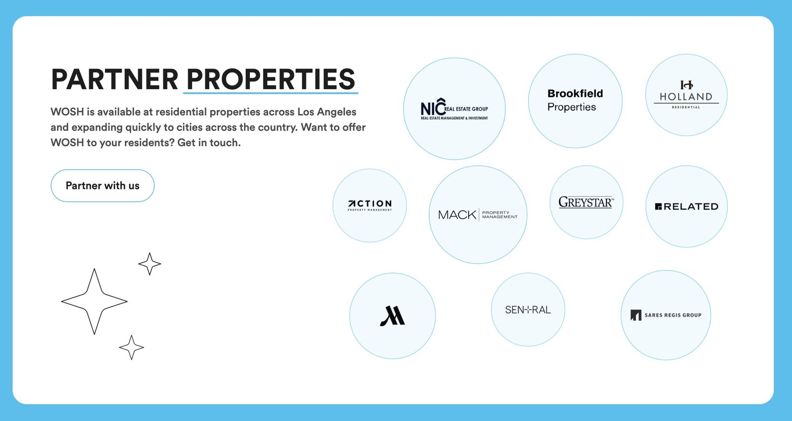 WOSH partner properties: NIC Real Estate Group, Brookfield Properties, Holland Residential, Action Property Management, Mack Property Management, Greystar, Related, Sentral, Sares Regis Group, and more