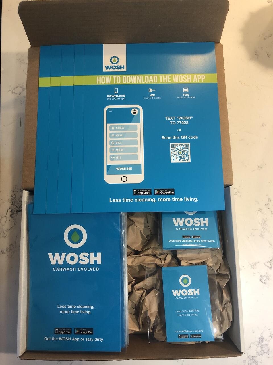 WOSH print kit: download flyers, postcards, and cards in a box